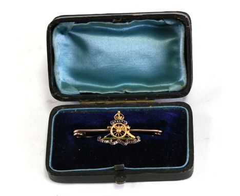 A 15ct gold and enamel Royal Artillery sweetheart brooch, cased. 4.1g