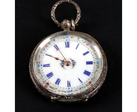 A silver cased open faced pocket fob watch, the white enamel dial with Roman numerals, 4cms (1.75ins) diameter.