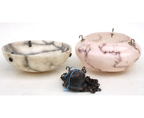 An alabaster hanging ceiling light shade, 30cms (12ins) diameter; together with an Edwardian glass ceiling light shade (2).Co