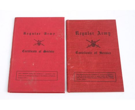 A father &amp; son Regular Army Certificate of Service books. The father 7581556 Thomas George Cobb enlisted in the RAOC in 1