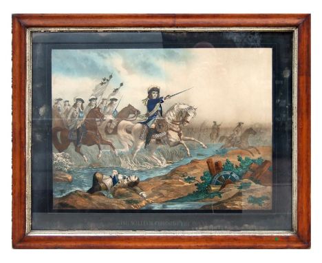 A late 17th / early 18th century tinsel print - William III Crossing the Boyne - in a maple frame, 59 by 33cms (23 by 15ins).