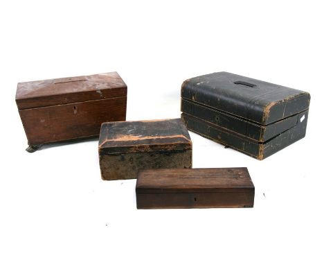 A Regency mahogany sarcophagus form two-division tea caddy; together with a leather writing box and other boxes.