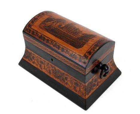 A 19th century Tunbridgeware dome topped two-division tea caddy, the top decorated with a ruin within a foliate border, beari