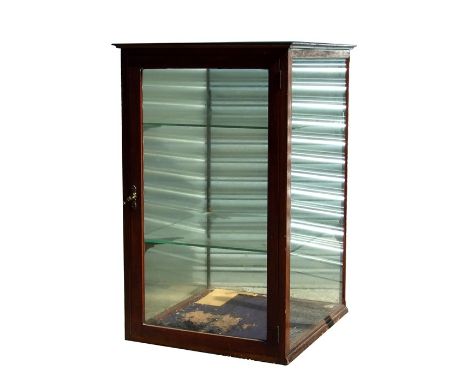 A Victorian mahogany glazed display cabinet with glazed panels on four sides, enclosing shelves, with plaque 'Frederick Maund