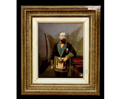 A Victorian chrystoleum portrait of a gentleman wearing Masons regalia, paper label to verso stating 'Painted by Arthur Smith