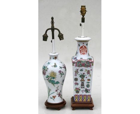 A Chinese famille rose vase of tapering rectangular form, converted to a table lamp, 40cms (15.75ins) high; together with ano