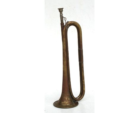 A 1957 dated Military marked Mayer's &amp; Harrison brass bugle with mouthpiece. Overall length 44.5cms (17.5ins)