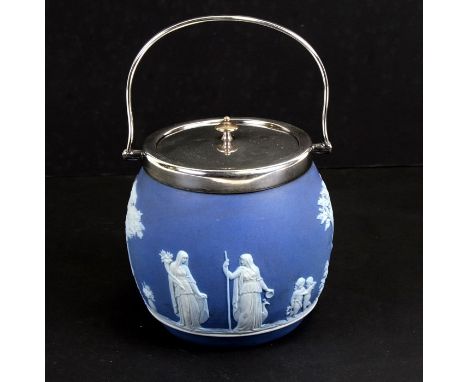 A Wedgwood Jasperware biscuit barrel with silver plated mounts,  14cms (5.5ins) high.Condition Reportgood overall condition, 