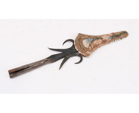 A North American Native Indian quillwork birch bark scabbard with hand forged iron fishing spear head, 21cms (8.25ins) long.