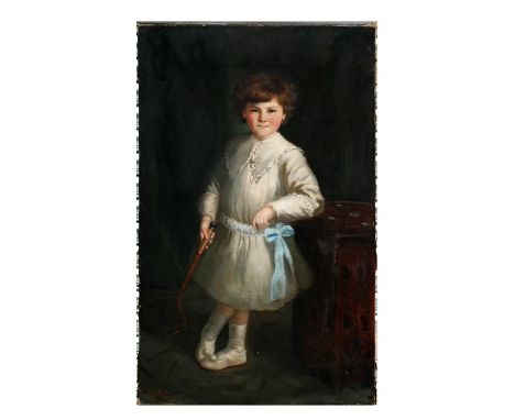 19th century English school - a full length portrait of a young  boy wearing a white dress with blue sash, oil on canvas, unf