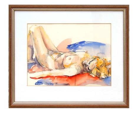 K Young - Lana Resting Life Study - mixed media, charcoal &amp; watercolour, signed &amp; dated '95 lower left, framed &amp; 