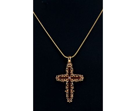 An 18ct gold filled snake skin link chain with costume jewellery cross.Condition ReportChain is 77cm long and weighs 6.6g. th