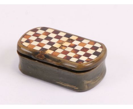 A 19th century carved horn snuff box with chequerboard inlay; together with an early 20th century travel clock in a folding f