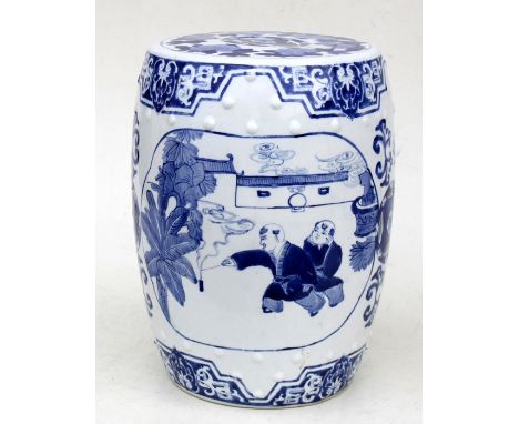 A Chinese blue &amp; white ceramic garden seat decorated with figures in landscapes, 35cms (14ins) high.