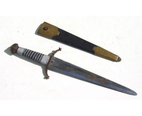 A steel dagger with iron cross guard and wirework grip and brass mounted leather scabbard, the blade engraved ' Ver Non Semte