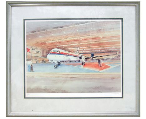 R J Mitchell - A Twin Prop Aircraft in a Hanger with United Express Livery - limited edition print numbered 31/200, signed in
