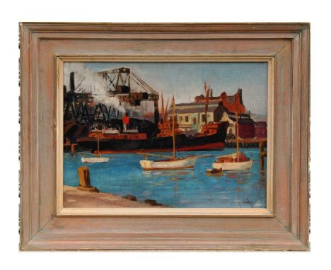Harry Arthur Riley (British 1895-1966) ) - Poole Harbour Scene with Steamship and Crane in the Background - oil on board, sig