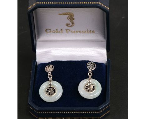 A pair of Chinese silver and jade drop earrings, cased.