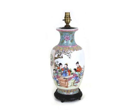 A Chinese baluster vase decorated with figures within a landscape, converted to a table lamp, 38cms (15ins) high.Condition Re