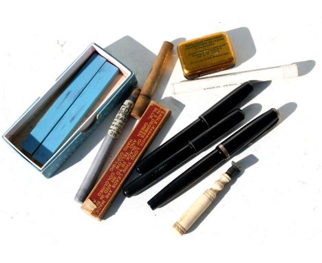 A group of fountain pens, mechanical pencil leads, pen nibs and a desk seal to include Parker &amp; Watermans.