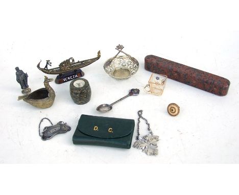 A rouge marble desk weight; together with a Cornish serpentine compass desk weight; a filigree Venetian gondola; and other it
