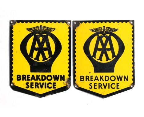 A 1930's AA Breakdown Service shield shaped enamel advertising sign, 18 by 22cms (7 by 8.75ins); together with another simila