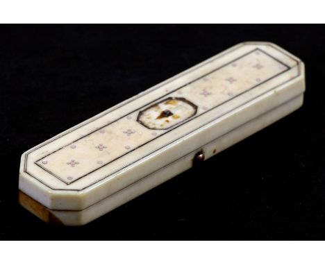 A Georgian gold inlaid ivory toothpick box, 8.5cms (3.25ins) wide.Condition ReportThe central plaque missing.