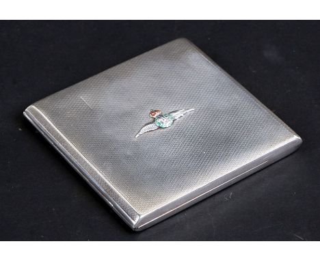RAF interest - a silver cigarette case with engine turned decoration and applied 'RAF' wings with green &amp; red enamel, Bir