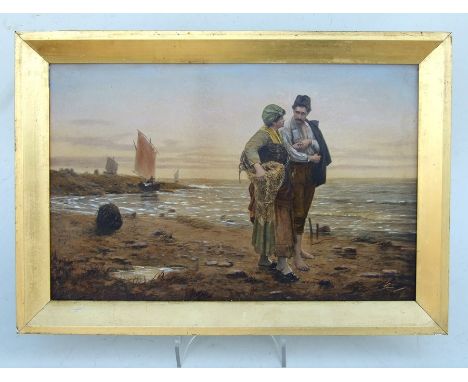 19th century continental school - A Couple Walking on a Shoreline - overpainted print, framed, 46 by 30cms (18 by 12ins).