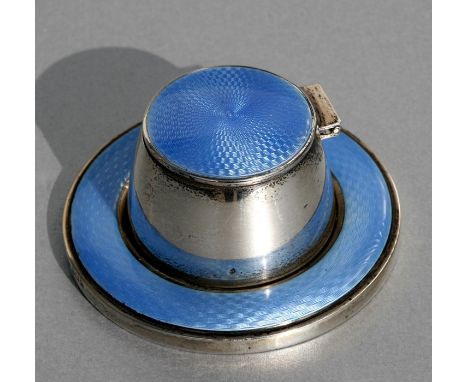 An Edwardian silver and blue guilloche enamel circular inkwell with glass liner, Birmingham 1902, weight 172g, 8cms (2.75ins)