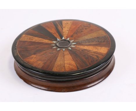 A late 18th / early 19th century specimen wood snuff box of compressed circular form, 10cms (4ins) diameter.Condition ReportR
