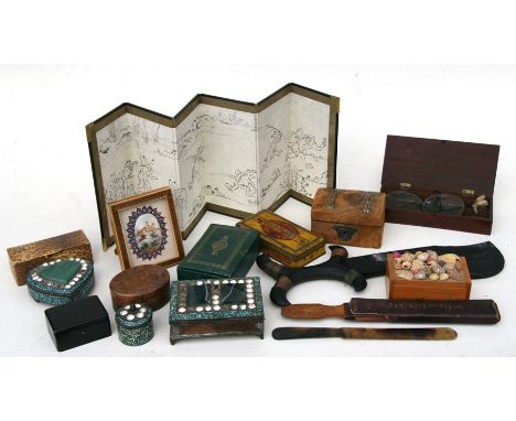 A group of turquoise set boxes; together with a tribal knife in leather scabbard; an Elcho strop and other items.