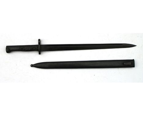 A WW2 Venezuela M1924 Long Mauser Export Sword Bayonet with its steel scabbard. Numbered to the end of the pommel: 764. Blade