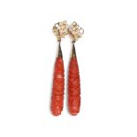 Continental, Antique, A pair of carved coral pipkin drop earrings