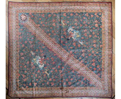 Qajar (?) A hand-painted textile with hunting scene and floral motif  Dimensions: 45 in. (H) x 50 in. (W) 