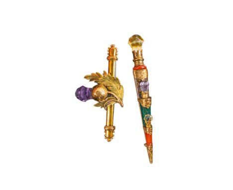 Scottish Circa 1880 Two brooches [a] A dirk brooch mounted in yellow gold, with jasper, amethyst, and citrine detail [b] A tw