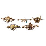Continental, 19th/20th Century, A group of five gold and gem set brooches