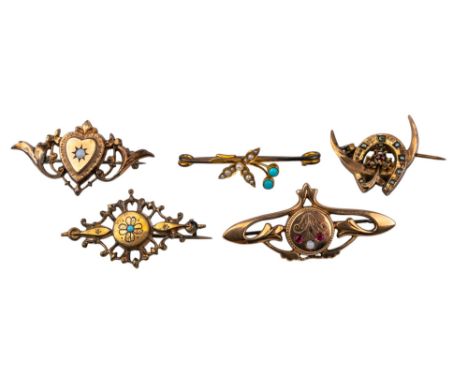 Continental 19th/20th Century A group of five gold and gem set brooches Including an opal and gold heart shaped brooch  Weigh
