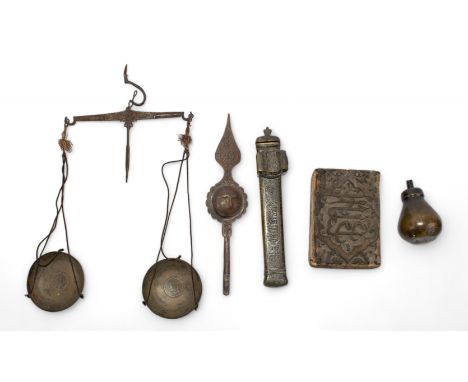 Islamic, Middle Eastern 19th century A collection of five interesting objects, to include: a set of scales, seal, a brass pen