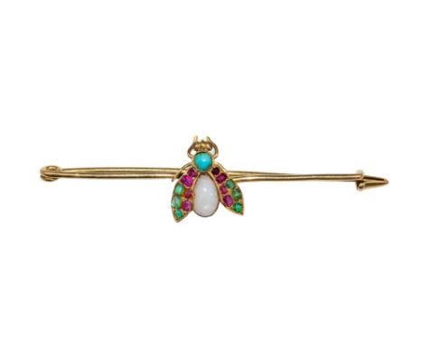 Victorian Circa 1880 An antique multi gem set and yellow gold fly brooch The thorax set with a single oval shaped opal, with 