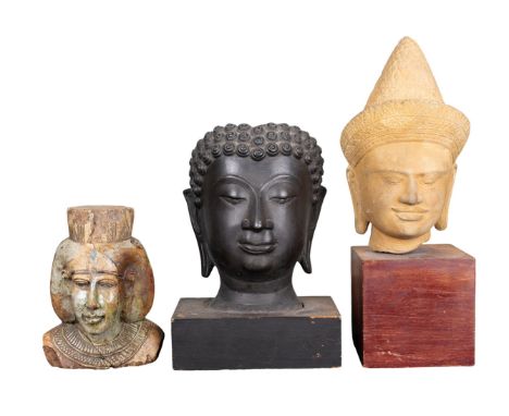 A mixed lot, to include a Khmer head, an Egyptian faince bust and a bronze Buddha portrait  To be sold without reserve