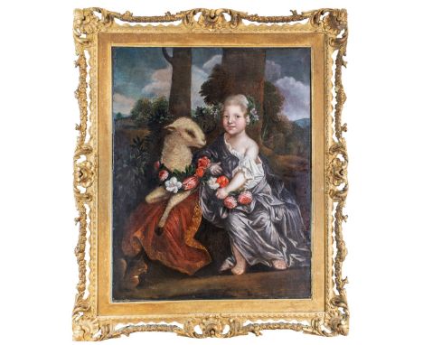 Henri Gascar (1635 - 1701) A portrait of a young lady, in a landscape with floral accoutrements and sheep and squirrel presen