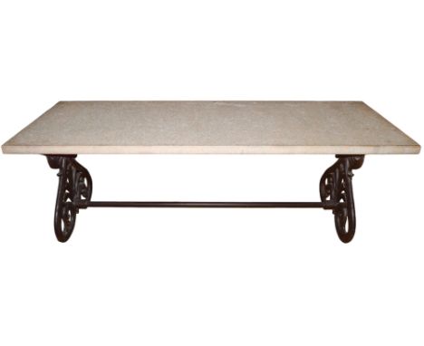 Garden furniture, a reconstituted stone and iron table  Dimensions: 30 in. (H) x 29.5 in. (W) x 84.75 in. (L)