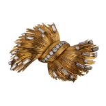 French, Circa 1960, A fine 18 carat gold and diamond stylised wheat sheaf bow clip brooch
