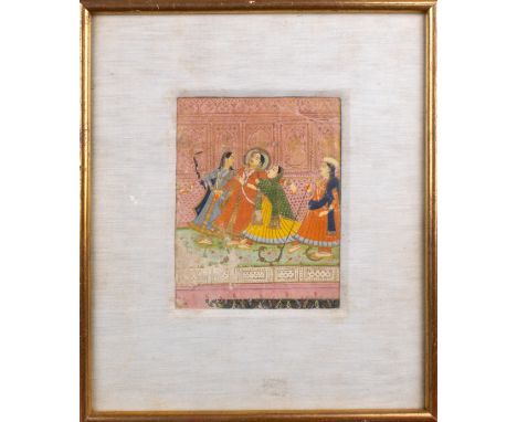 Indian 19th century A pair of miniature paintings, to include a courtly scene and a portrait of a goddess riding a tiger, pos
