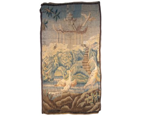French 18th Century An exotic verdure Aubusson tapestry With two birds in a river, an island with steps leading to a Pagoda  