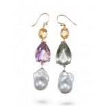 Continental, Contemporary, An attractive pair of 14 carat gold, amethyst and citrine Baroque pearl p