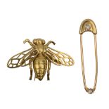 British, Circa 1980, An 18 carat yellow gold moth brooch and yellow gold and diamond surety pin