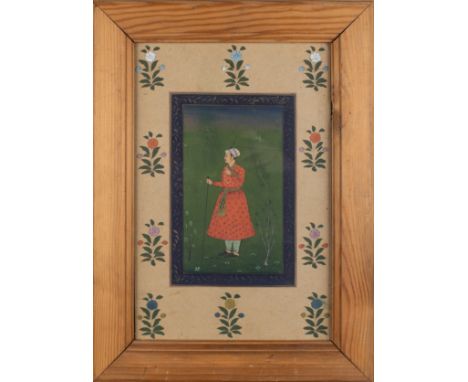 Indian Late 19th Century A portrait of a Mughal courtier standing surrounded by floral decorations Gouache on paper  To be so