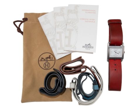 Hermes Circa 1980 A ladies' Barenia wristwatch with original papers and five differently coloured leather straps 